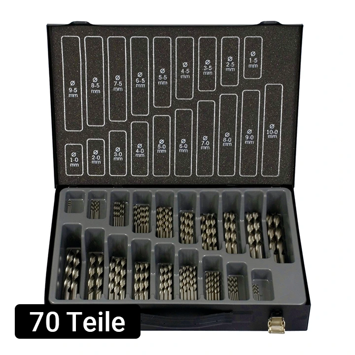 PROJAHN SPIRALBOHRER HSS-CO 5% DIN 338 Typ VA ECO Set 70-tlg. 5x Ø 1,0 - 5,0 / 0,5 mm steigend, 3x Ø 5,5 - 7,5 / 0,5 mm steigend, 2x Ø 8,0 - 10,0 / 0,5 mm steigend